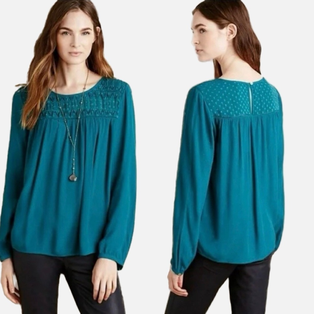 Anthropologie Meadow Rue Vivie Smocked Yoke‎ Blouse Top Medium Jewel Tone Green